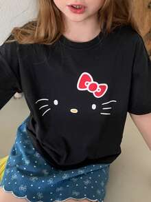 Dazy Kids HELLO KITTY | DAZY Tween Girls' Casual Everyday Commute Cute Cartoon Print Loose Fit Black T-Shirt, Summer - Black - View 7