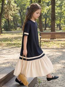 DAZY Tween Girls Round Neck Color Block Mid-Length Short Sleeve Dress Sun Dresses For Girl Summer - Apricot - View 4