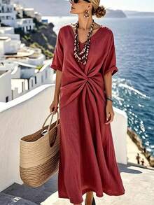 LanaWest Robe d'été décontractée pour femmes, col V, épaules dénudées, manches courtes, torsadée à la taille, plissée, pour vacances, couleur rouge vin - Rouge foncé - Voir 1