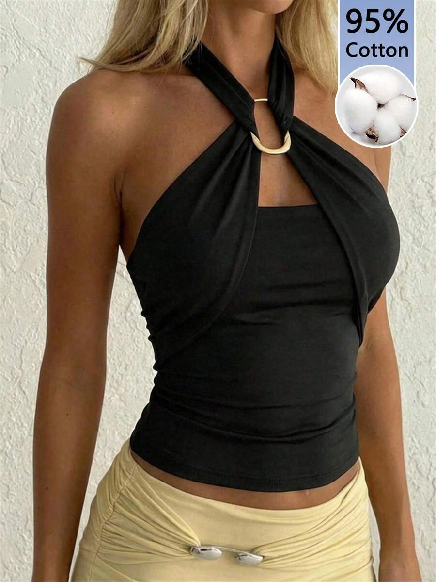 Aloruh Women's Elegant Metal Buckle Decor Cinched Waist Ruched Tie Neck Camisole - Black - View 1