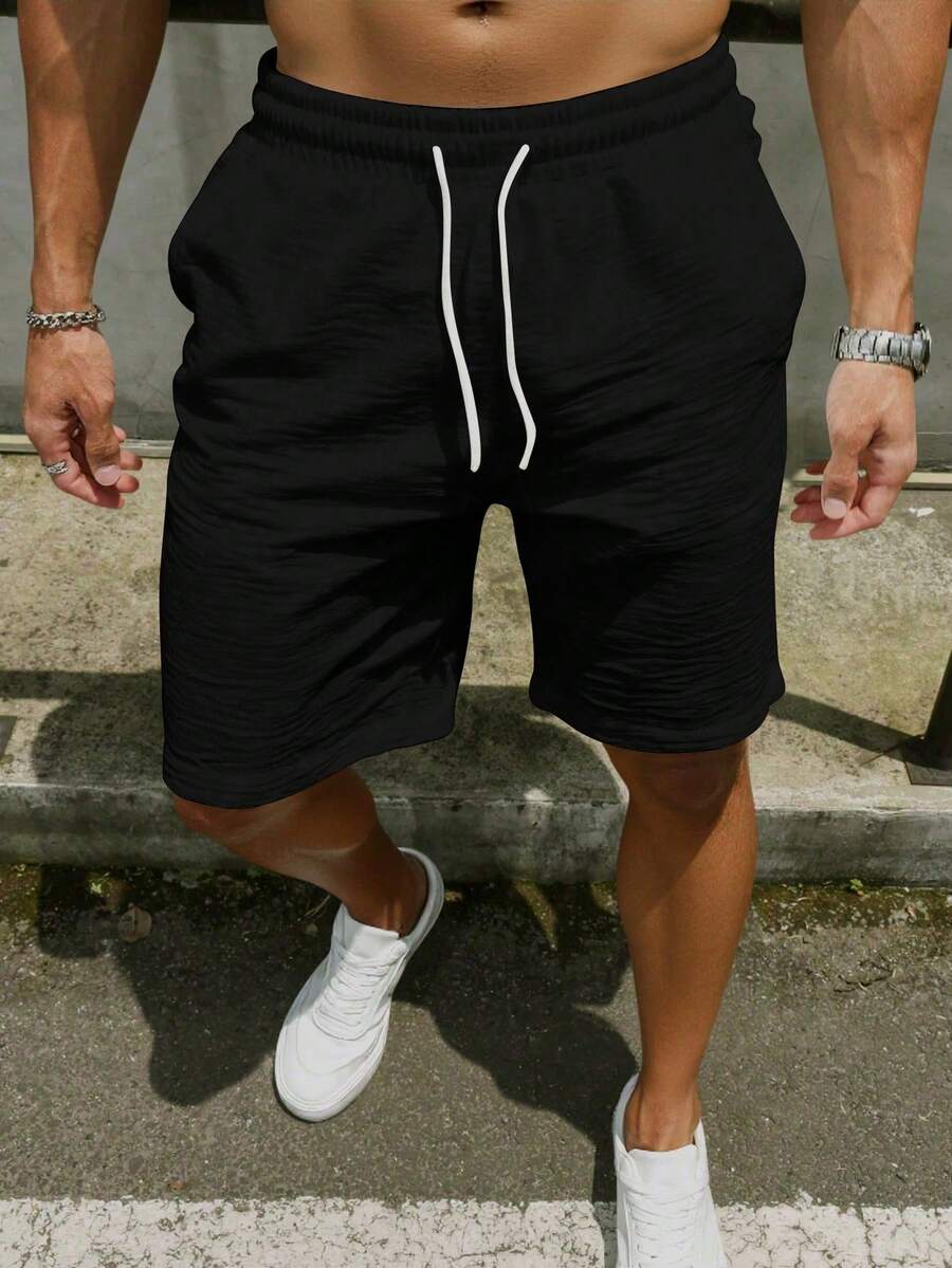 Genlund Pantalones cortos casuales versátiles de uso diario para hombre, unicolor, cintura con cordón, para vacaciones - Negro - Ver 1