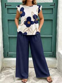 EMERY ROSE Plus Size Casual Minimalist Printed 2 Pieces Set Formal Vacation Navy Blue Summer - Multicolor - View 4