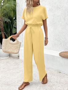 SHEIN Frenchy Women's Solid Color Short Sleeve Top And Drawstring Waist Long Pants Casual 2-Piece Set,Summer Outfits For Women - Yellow - View 3