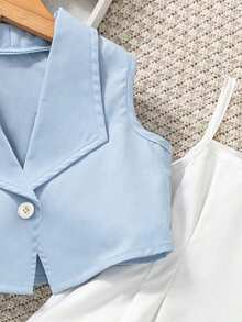 SHEIN Genkimix Kids 少女纯色翻领开衫和吊带连衣裙套装，适合日常穿着和略微正式的场合，非常适合晚春、夏季和初秋。 - 淺藍色 - 查看 4