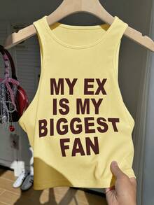 Comfortcana Plus Size Casual Slogan Print Sleeveless Tank Top, Spring/Summer - Yellow - View 7