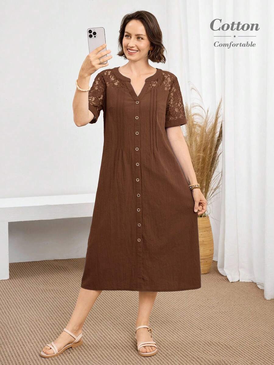 Miaspire 女士日常穿着度假连衣裙 春夏V领蕾丝拼接日常休闲连衣裙 舒适透气棉质面料 女士中长连衣裙,乡村风女装,魅力连衣裙 女士日常穿着度假连衣裙 春夏V领蕾丝拼接日常休闲连衣裙 舒适透气棉质面料 女士中长连衣裙 复古女装,老钱风格女式纽扣连衣裙 蕾丝连衣裙 棉质连衣裙 棉质连衣裙,蕾丝浪漫 - 棕色 - 查看 1
