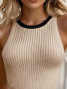 EMERY ROSE Sleeveless Crew Neck Fitted Ruffle Hem Colorblock Sweater Dress For Women - Multicolor - View 3