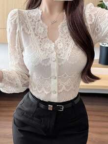 DAZY Button Front Puff Sleeve Lace Blouse Going Out Tops,Fall Women Clothes Long Sleeve Top - Beige - View 8