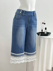 Elamini Quần jean denim nữ casual phối ren, giặt mài, - Rửa nhẹ - Xem 1