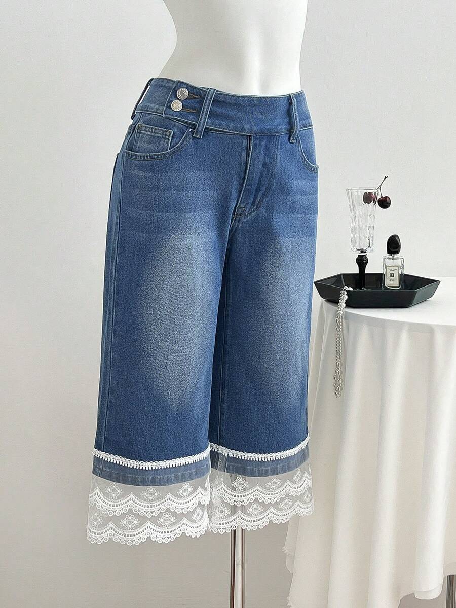 Elamini Quần jean denim nữ casual phối ren, giặt mài, - Rửa nhẹ - Xem 1