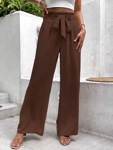 Serisse Paperbag Waist Belted Straight Bow Tie Wide Leg Pants - Brown - View 12