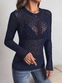 SHEIN PETITE CURVE 大尺碼女款豹紋植絨網紗修身上衣 - 藏蓝色 - 查看 3