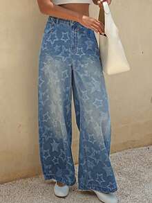 DAZY Cotton Vintage Star Pattern Textured Loose Straight Leg Washed White Baggy Women Jeans - Blue - View 3
