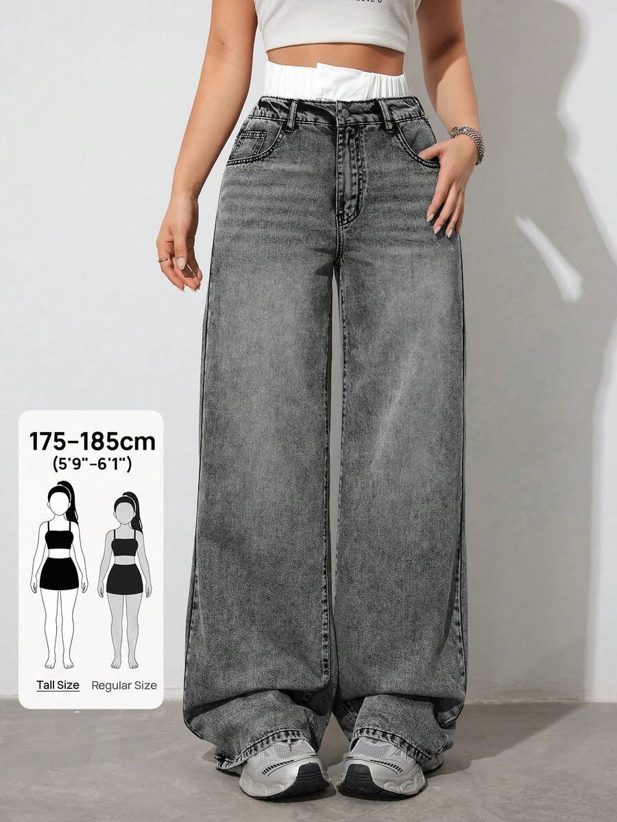 SHEIN Tall Quần jeans ống rộng cạp cao hai lớp dành cho nữ, trang phục thường ngày mùa hè phong cách Y2K và dự tiệc đường phố dành cho nữ. Quần ống đứng rộng cạp thấp dành cho nữ, quần jeans cạp đôi dành cho nữ dáng cao, quần jeans cạp thấp cho nữ dịp Valentine, quần jeans rộng thùng thình, quần jeans mùa hè. - Màu xám đen - Xem 1
