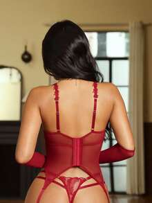 Seduluxe Red Summer Sexsy Special Occasion Wedding 6-Piece Lingerie Set For Women,Embroidered Mesh Bra,Thong,2 Leg Garters & 2 Wrist Cuffs,Elegant,French - Burgundy - View 8