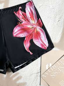 SHEIN Teenager-Mädchen Schwarzes Strick-Bikini-Top mit Kontrastbesatz und Spaghettiträgern und Shorts-Set, Badeanzug für Urlaub, Strand, Schwimmen - Schwarz - Übersicht 4
