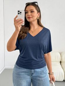 Shapeblank 大码女装春夏时尚休闲弹力轻盈凉爽日常百搭显瘦V领短袖束腰蓝色T恤，外出上衣，简约风格，欧洲夏季 - 藍色 - 查看 8