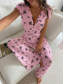 DAZY 两件套女士夏季优雅蝴蝶印花上衣和阔腿睡裤套装 - 藕粉色 - 查看 6