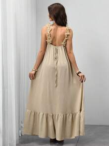 SHEIN Đầm hai dây viền bèo, đầm đi nghỉ mát màu mơ dáng rộng, đầm xếp ly thắt eo, đầm bầu thoải mái thường ngày, đầm mang không khí nghỉ dưỡng. - Màu be - Xem 2