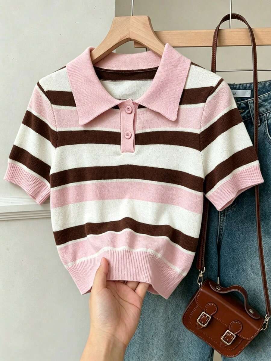 SHEIN EZwear Áo thun nữ kiểu dáng thường ngày, họa tiết kẻ sọc hồng và nâu, cổ polo, tay ngắn màu nâu đậm - Áo thun dáng ôm kiểu Pháp cổ điển, thanh lịch, dễ thương, nhẹ nhàng, phong cách vintage cho phái nữ, hoàn hảo. - Nhiều màu - Xem 1