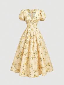 SHEIN MOD 黄色碎花泡泡袖V领茶歇裙——适合约会、派对、女士春夏穿着、度假、野餐、节日、生日等场合 - 黃色 - 查看 2