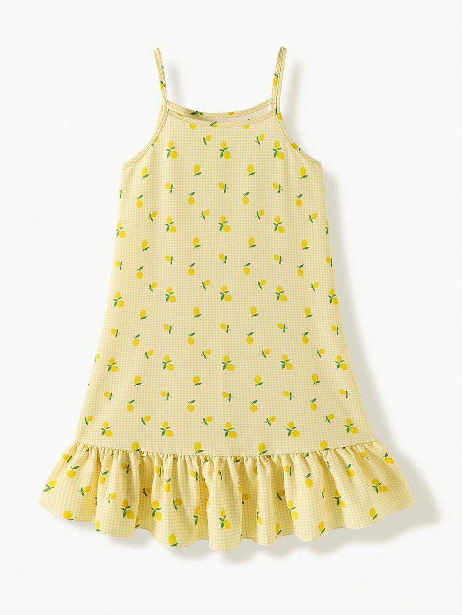 SHEIN Casuvi Kids Đầm đi nghỉ mát thường ngày, in họa tiết sọc cầu vồng, không tay, viền bèo, dành cho bé gái tuổi teen. - Màu vàng - Xem 1