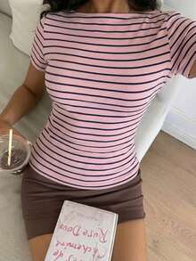 CovetEZ 95%纯棉女士休闲修身T恤，条纹T恤，女士夏季服装 - 彩色 - 查看 3