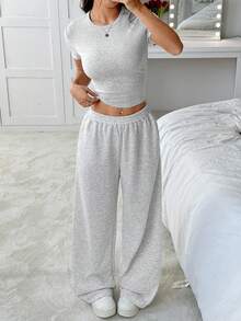 SHEIN EZwear 夏季灰色紧身短袖T恤和宽松运动裤两件套休闲套装 - 灰色 - 查看 5