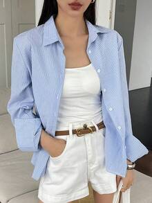 DAZY Women's Striped Long Sleeve Single-Breasted Casual/Work Shirt Petite - Blue - View 3