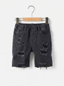 SHEIN Calções de ganga rasgados casuais desgastados, folgados e largos para rapaz, bermuda, para uso diário na primavera e no verão - Preto - Ver 4