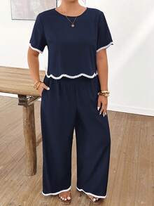 Lounesse Plus Size Casual Vacation Woven Trim Top And Pants 2 Pieces Set - Navy Blue - View 3