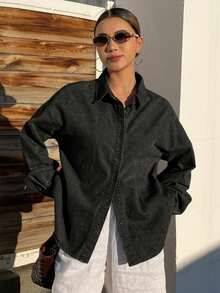 DAZY Women's Loose Casual Vacation Distressed Denim Shirt With Bowknot, Jacket And Coat For Spring And Summer - Black - View 5