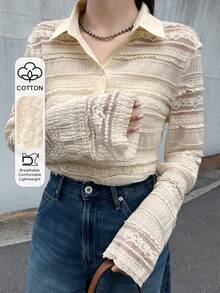 FRIFUL Women's Thin Sheer Lace Long Sleeve Casual Layering Top, Solid Color, Blend, Spring/Summer - Beige - View 1