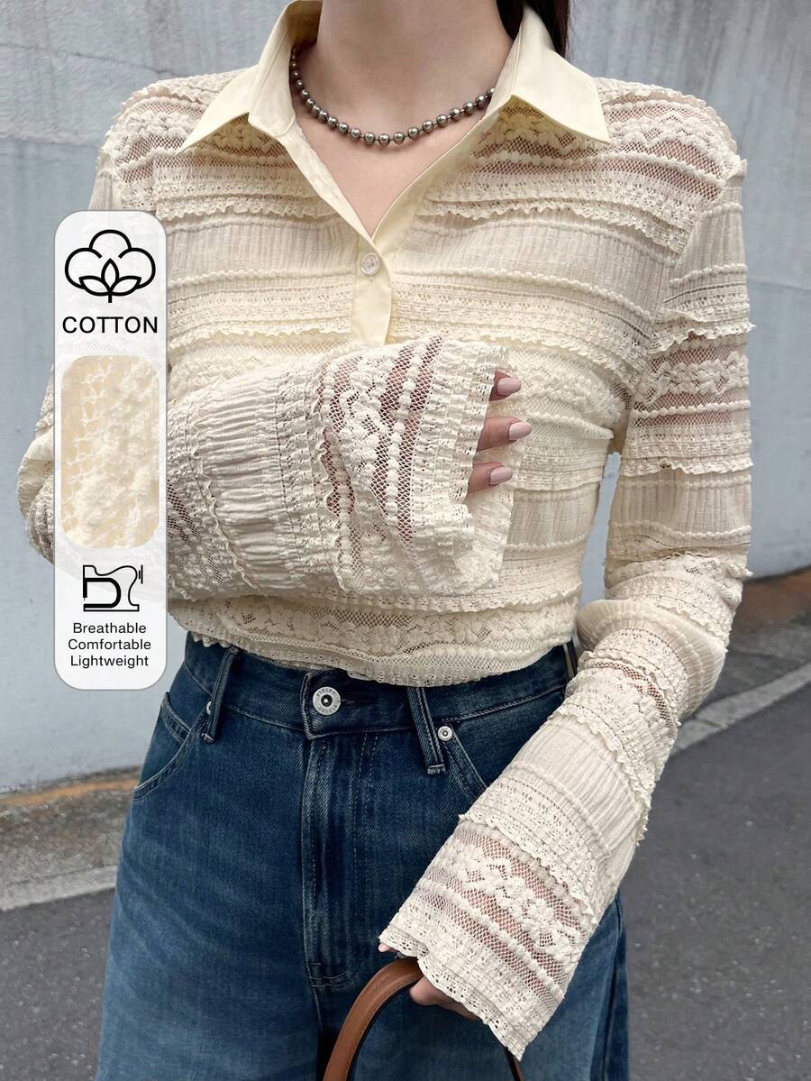 FRIFUL Women's Thin Sheer Lace Long Sleeve Casual Layering Top, Solid Color, Blend, Spring/Summer - Beige - View 1