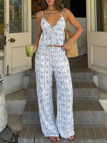 Aloruh Women's Summer Boho Tropical Holiday White Elegant Casual 2 Pieces Outfit, Shell Print Striped Tank Top And Long Pants Beach Vacation 2pcs Set - Blue and White - View 4