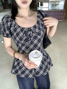 DAZY 女款格紋圓領休閒短袖上衣 夏季可愛上衣 校園風 - 藍色 - 查看 2