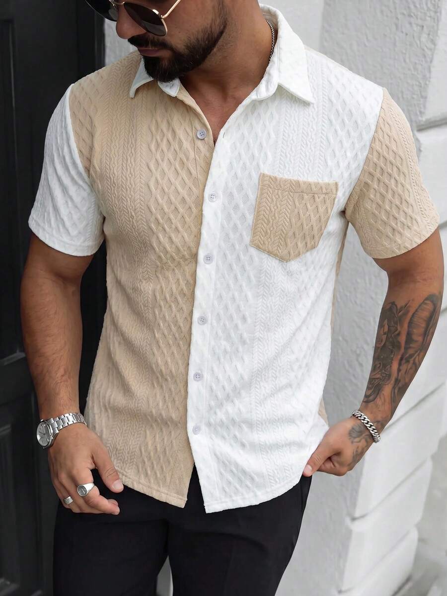 Manfinity CasualCool Áo sơ mi nam tay ngắn phối màu tương phản, kiểu dáng thường ngày. - Nhiều màu - Xem 1
