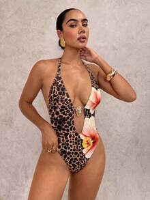 Swim Glamine Bộ đồ bơi liền thân DivaQ Bohemian gợi cảm họa tiết da báo và hoa, kiểu yếm. - Màu Khaki - Xem 6