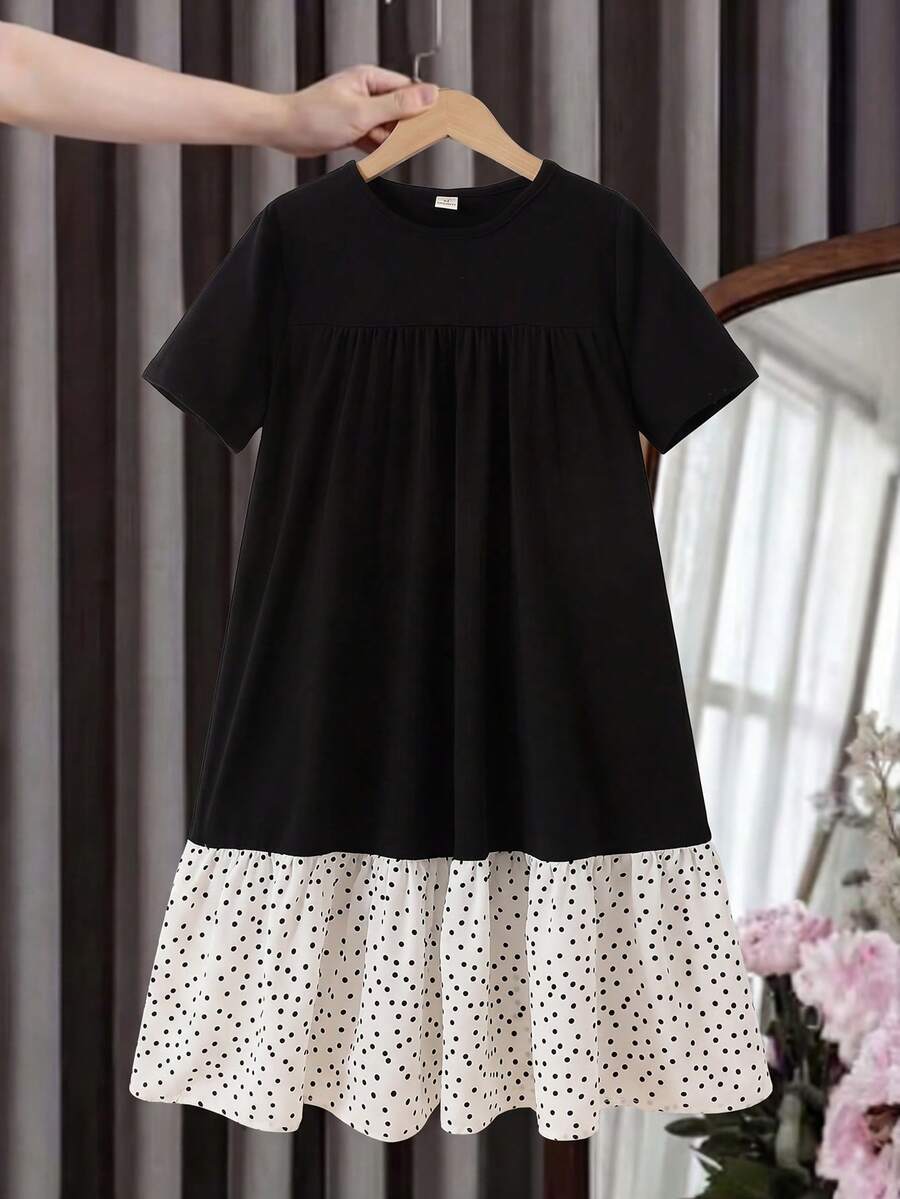 SHEIN Tween Girls' Casual Everyday Comfortable Color Block Patchwork Dress - Multicolor - View 1