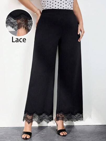 Chikora Pantalones rectos de talla grande con parches de encaje de unicolor elegante, adecuados para ir al trabajo
