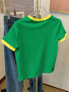 女童復古 BRAZIL 字母圖案短袖修身圓領 T-Shirt，對比領口，夏季運動休閒簡約款 - 彩色 - 查看 2