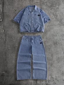 AXEPEAK Bộ đồ nam cỡ lớn phong cách thường ngày đường phố, áo sơ mi ngắn tay và quần jean denim, thích hợp cho đi làm hàng ngày, mùa xuân/hè. - Màu xanh lam - Xem 1