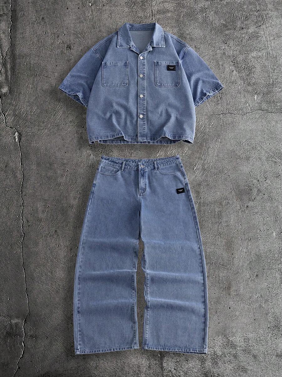 AXEPEAK Bộ đồ nam cỡ lớn phong cách thường ngày đường phố, áo sơ mi ngắn tay và quần jean denim, thích hợp cho đi làm hàng ngày, mùa xuân/hè. - Màu xanh lam - Xem 1