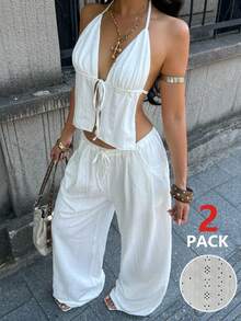 Coolane Women's Solid Color Halter Tie Ruched Top And Wide Leg Pants Casual 2-Piece Set - White - View 2
