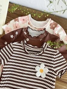 SHEIN Bộ 3 món áo liền quần dệt kim họa tiết hoa dễ thương cho bé gái, kiểu dáng thường ngày. - Nhiều màu - Xem 3