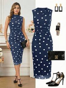 Ellevyn Women's Polka Dot Print Ruched Bodycon Dress,Dresses For Women Summer - Navy Blue - View 6