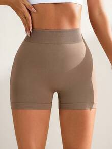 Easithlete Pantalones cortos deportivos lisos de color caqui para mujer con cintura fruncida, sexy y levantador, elásticos y cómodos para yoga y ejercicio - Caqui - Ver 6