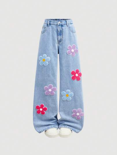 Girlism Tween Girls Fashion Casual Y2k Vintage Cool Street Cute Colorful Three-Dimensional Towel With Embroidered Flower Pattern Blue Loose Jeans For Tween Girl Clothes Tween Girls Dailywear And Tween Girl Spring To Summer Rave Outfits Festival And Outfits Streetwear Clothes