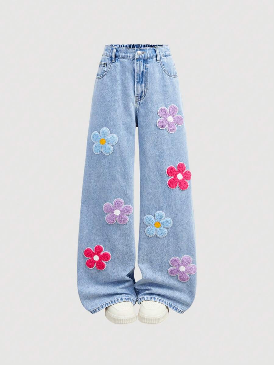 Girlism Quần jeans xanh ống rộng cho bé gái tuổi teen, phong cách thời trang Y2K vintage cool street dễ thương, họa tiết hoa thêu 3D dạng khăn, quần áo mặc hàng ngày, trang phục rave lễ hội và streetwear từ xuân sang hè cho bé gái tuổi teen - Màu xanh lam - Xem 1