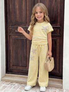 SHEIN Kids Young Girl Casual Vacation Elegant Striped Knit Starfish Decor Form-Fitting Shirred Short Sleeve Top And Matching Pants Set Striped Outfit Set Outfits Sets Yellow And White Outfit Set Striped Two Pieces Set Striped Pants Striped Top Young Girl Sets Young Girl Summer Outfits Young Pant Set Spring And Summer Striped Short Sleeve Suit - Yellow - View 2